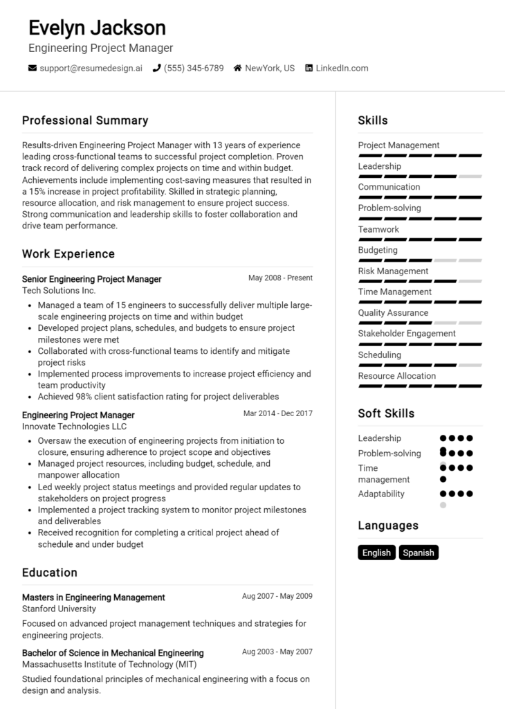 Engineering Project Manager Resume Example