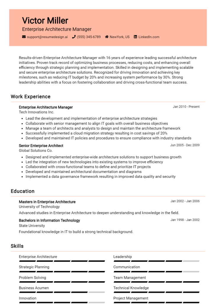 Enterprise Architecture Manager Resume Example