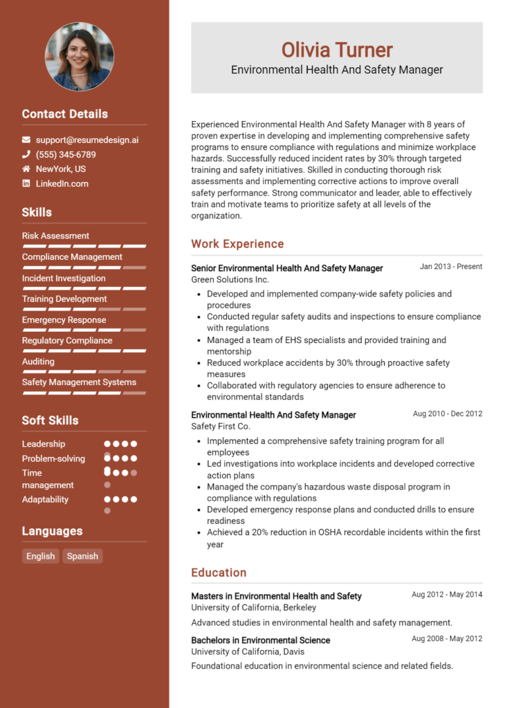 Environmental Health And Safety Manager Resume Example