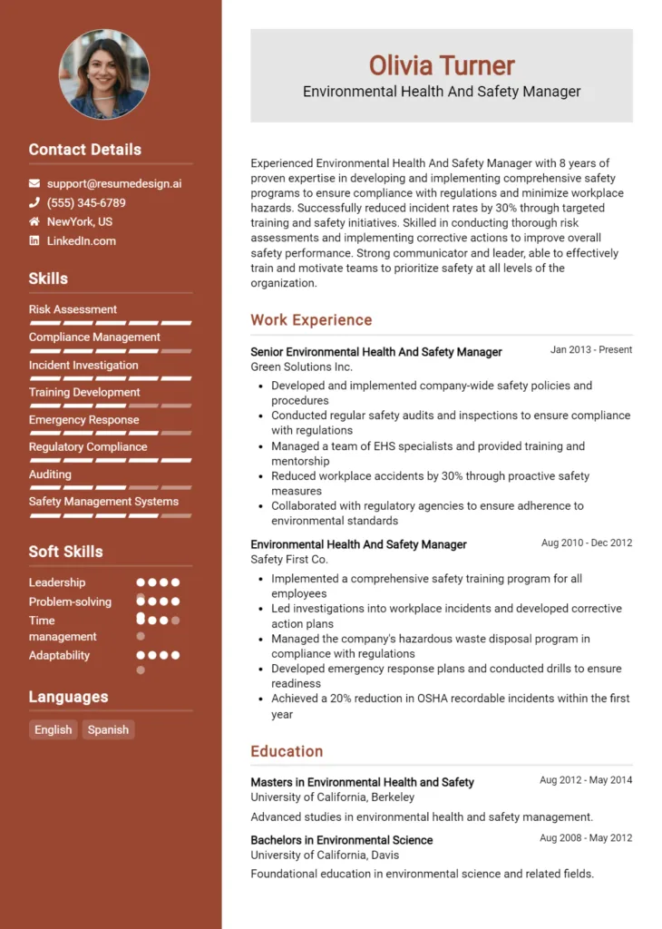 Environmental Health And Safety Manager Resume Example
