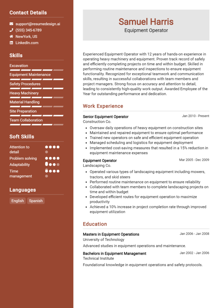 Equipment Operator Resume Example