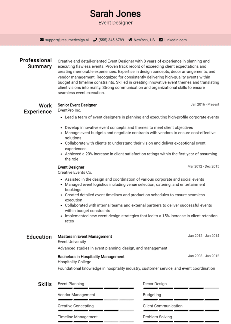 16 Event Designer Resume Examples And Templates for 2025 (Downloadable)