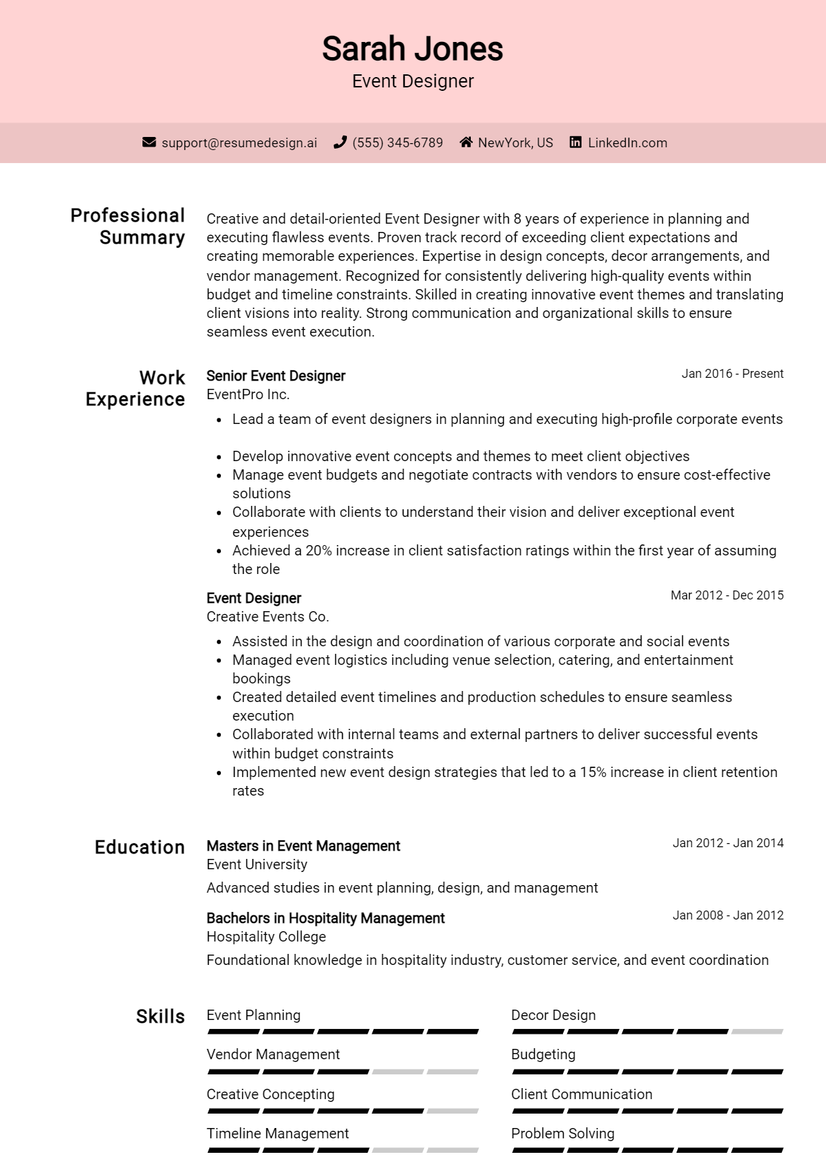 Event Designer Resume Example