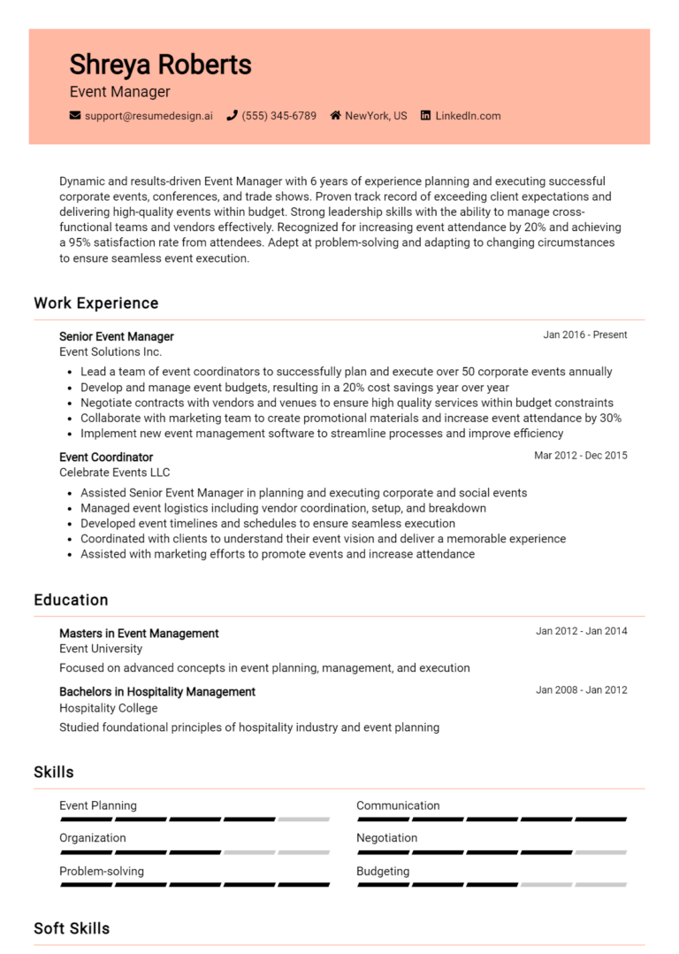 16 Event Manager Resume Examples And Templates for 2024 - ResumeDesign.ai