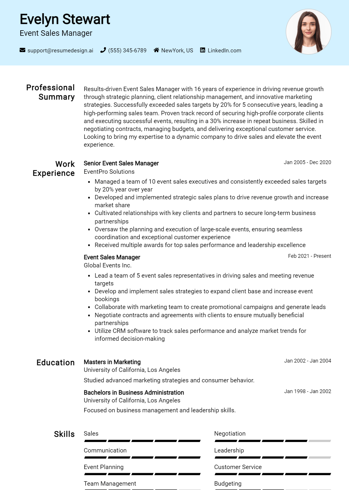 Event Sales Manager Resume Example