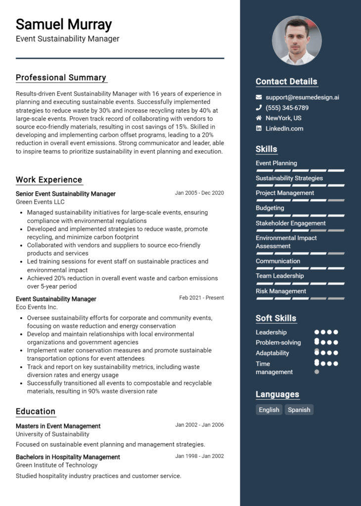 Event Sustainability Manager Resume Example