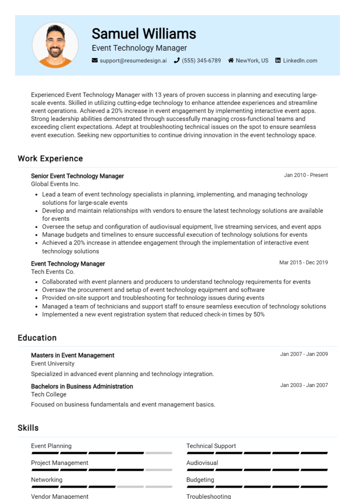 Event Technology Manager Resume Example