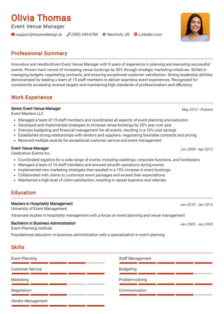 Event Venue Manager Resume Example