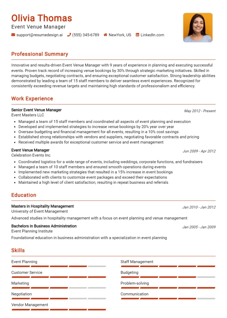Event Venue Manager Resume Example