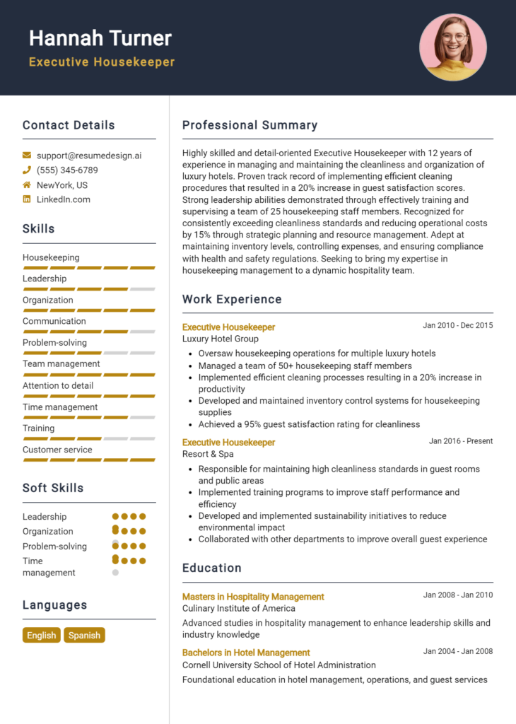 Executive Housekeeper Resume Example