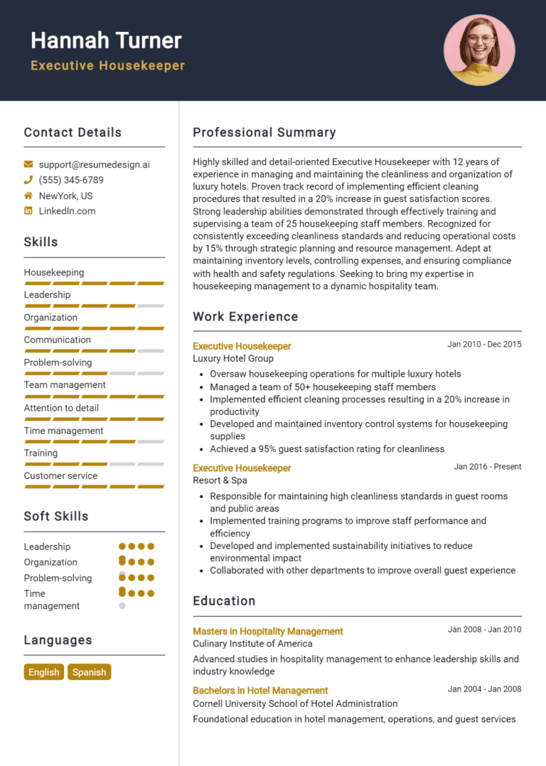 17 Executive Housekeeper Resume Examples And Templates for 2025: Top Tips
