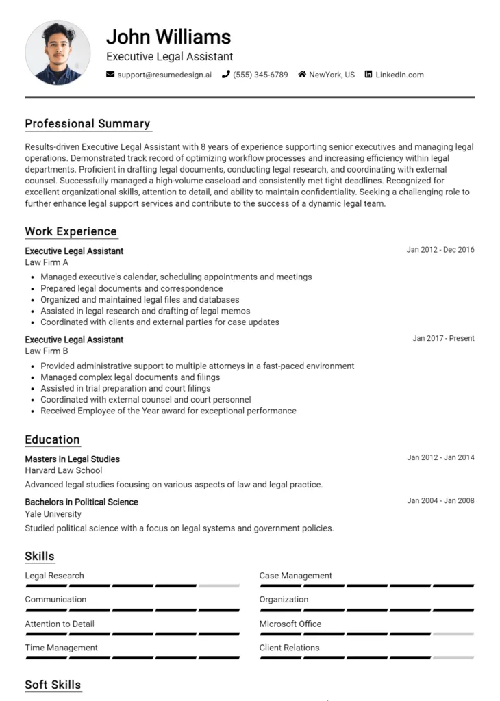 Executive Legal Assistant Resume Example