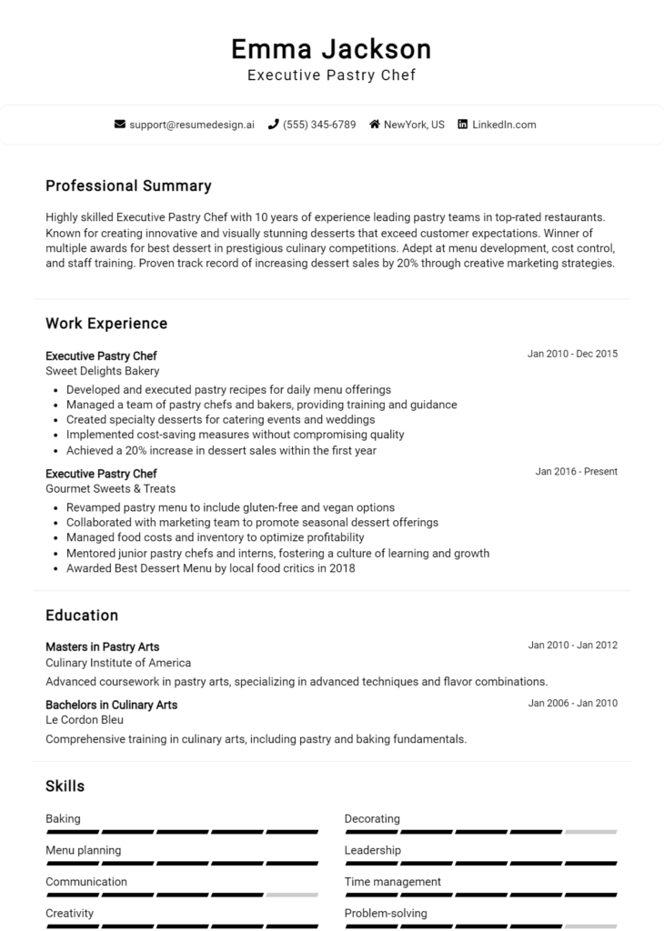 Executive Pastry Chef Resume Example