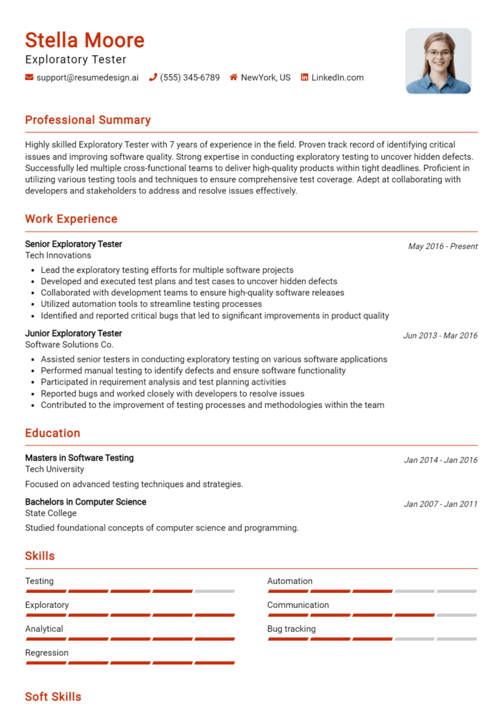 Exploratory Tester Resume Example