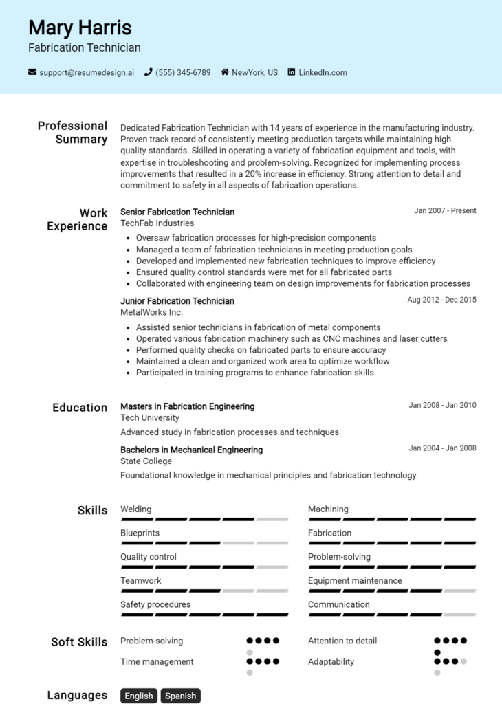 Fabrication Technician Resume Example