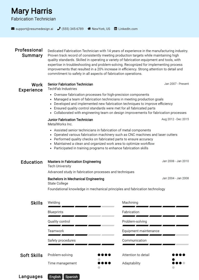 18 Fabrication Technician Resume Examples And Templates for 2025: Expert Tips