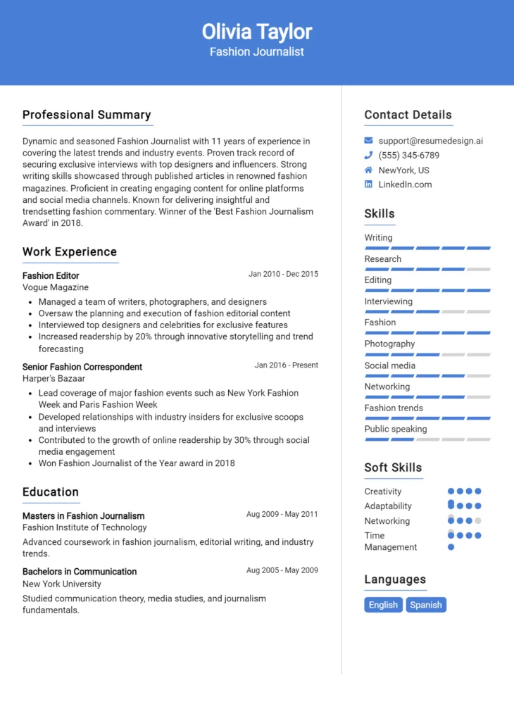 Fashion Journalist Resume Example