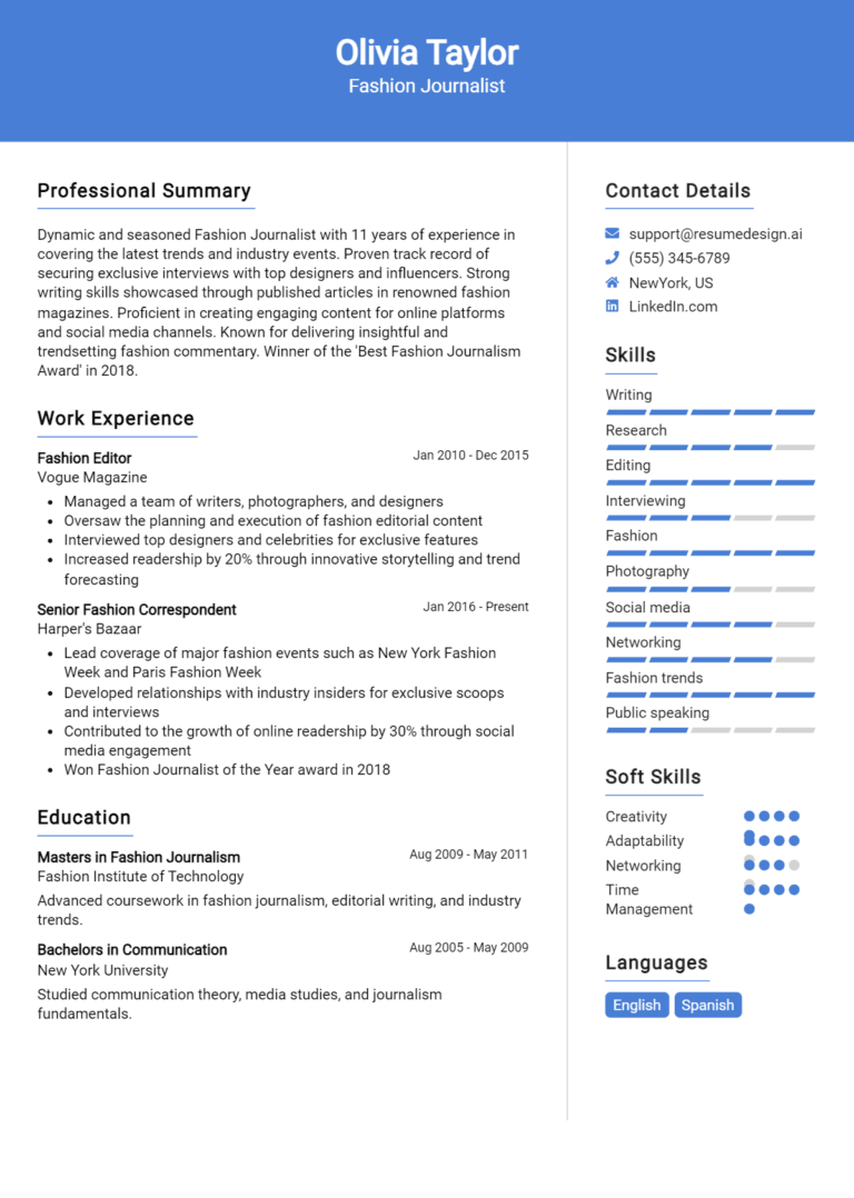 17 Fashion Journalist Resume Examples And Templates for 2025 [Guide]
