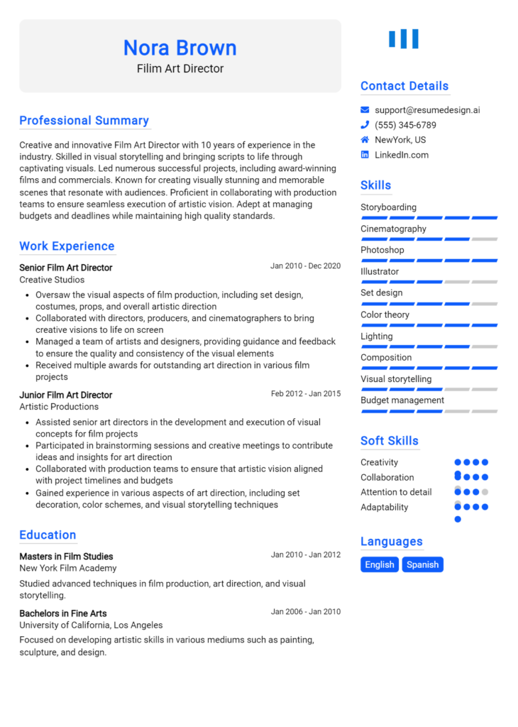 Filim Art Director Resume Example