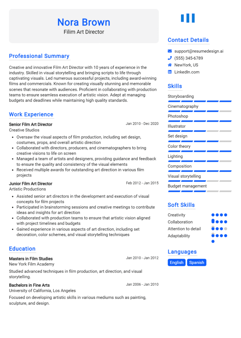 16 Filim Art Director Resume Examples And Templates for 2025