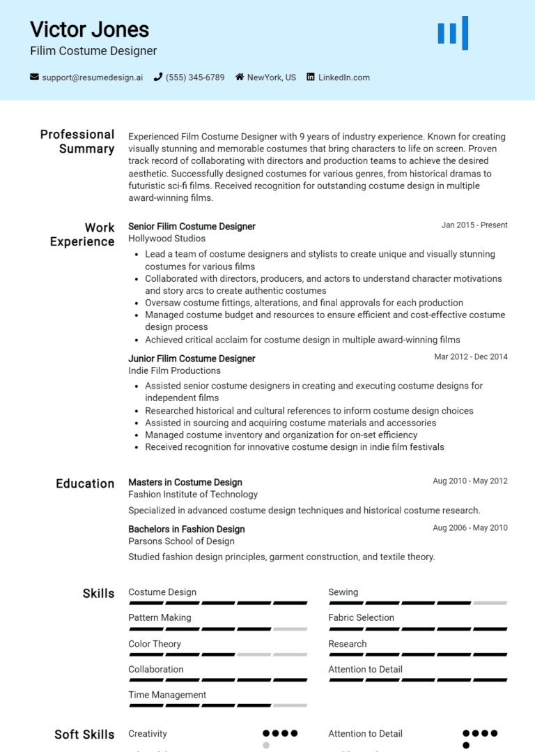 16 Filim Costume Designer Resume Examples And Templates for 2025