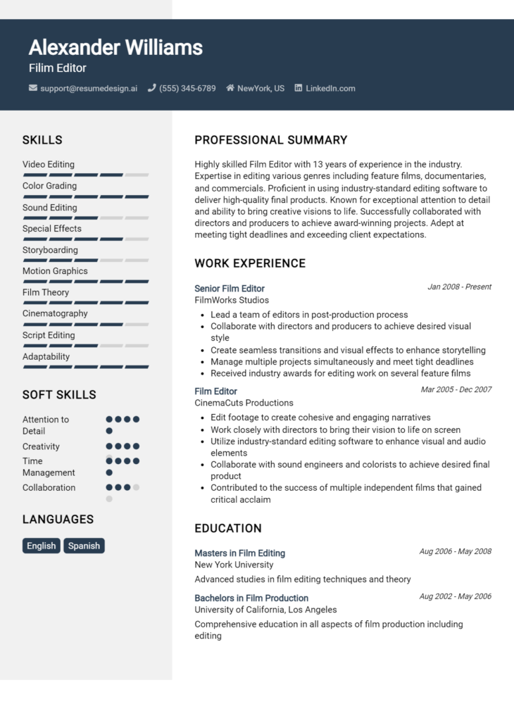 Filim Editor Resume Example