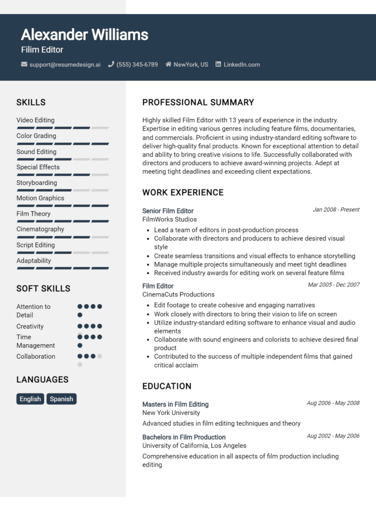16 Filim Editor Resume Examples And Templates for 2025