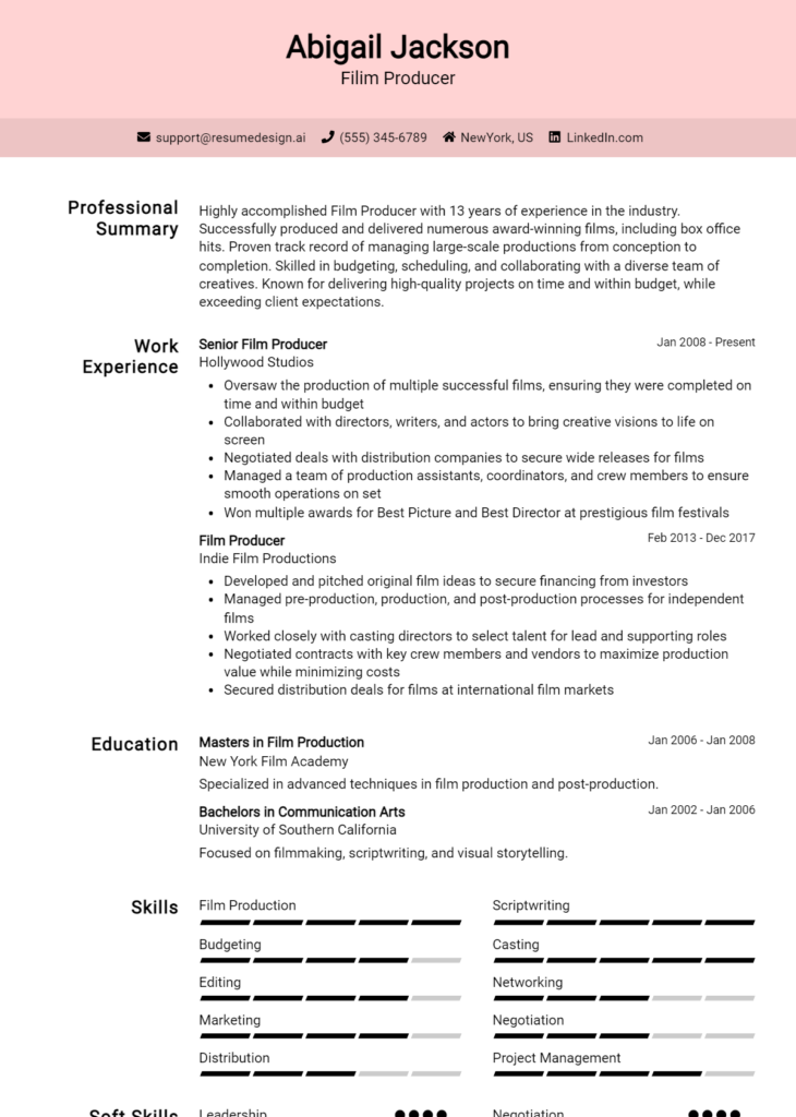 Filim Producer Resume Example