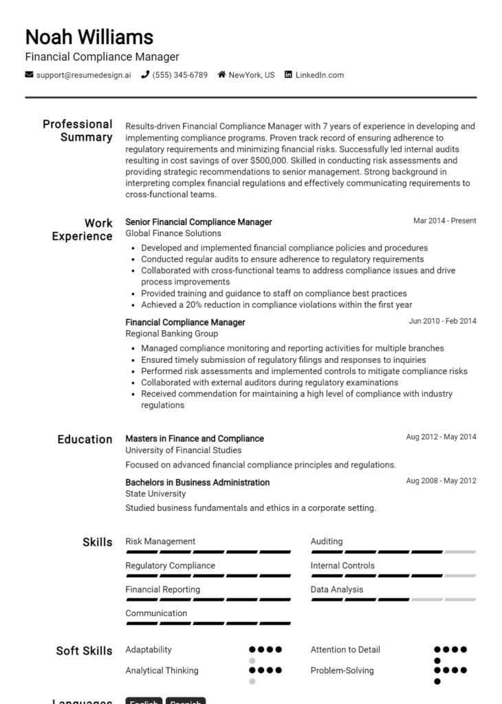 Financial Compliance Manager Resume Example