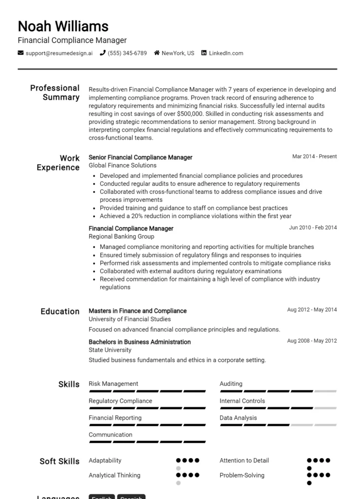 Financial Compliance Manager Resume Example