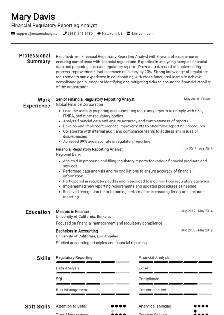 Financial Regulatory Reporting Analyst Resume Example