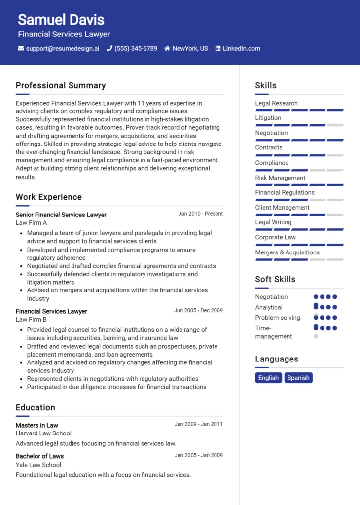 Financial Services Lawyer Resume Example