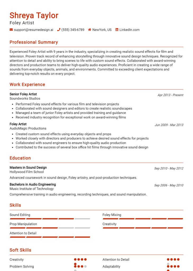 Foley Artist Resume Example