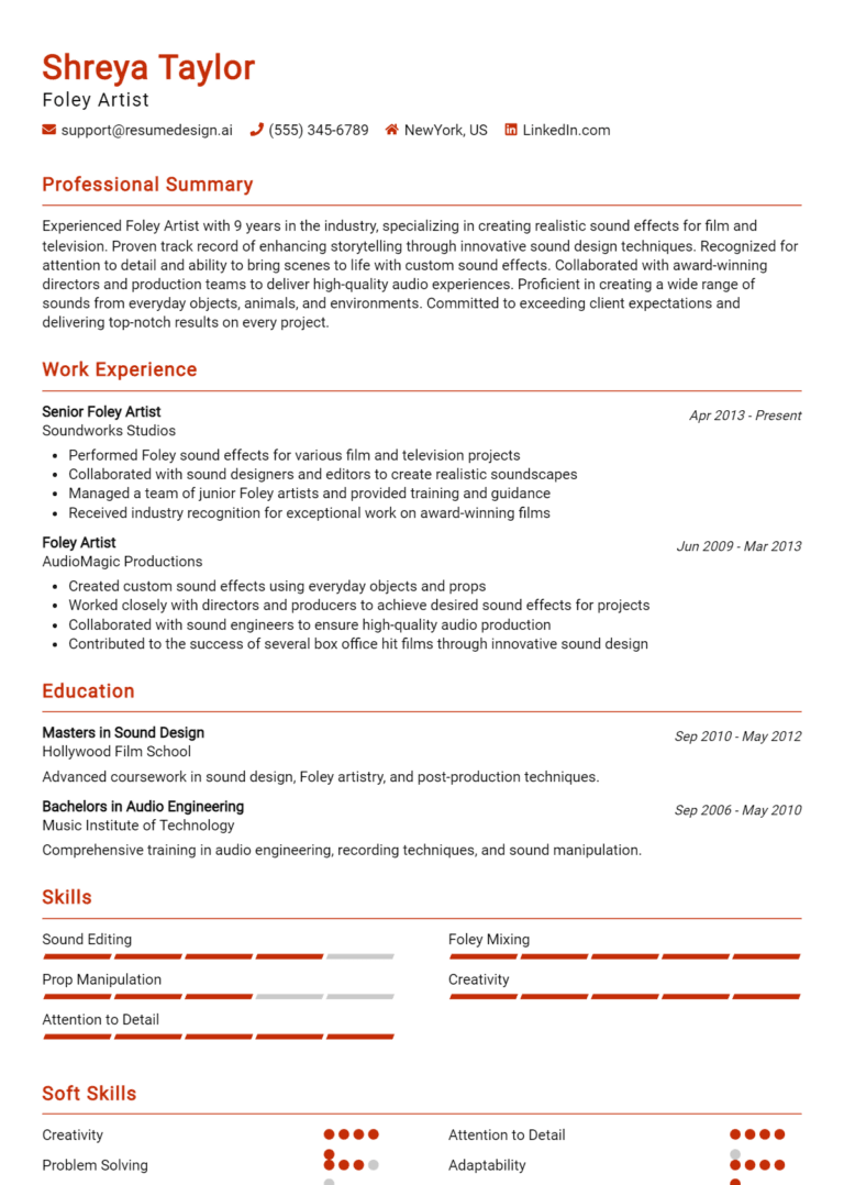 15 Foley Artist Resume Examples And Templates for 2025: Expert Tips