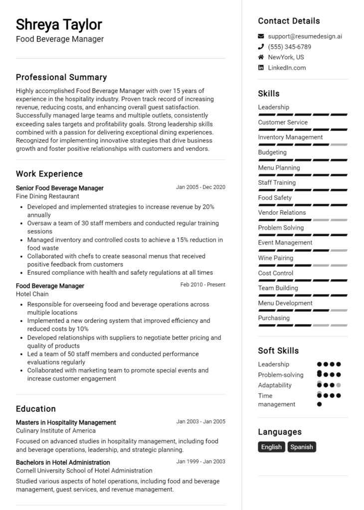 Food Beverage Manager Resume Example