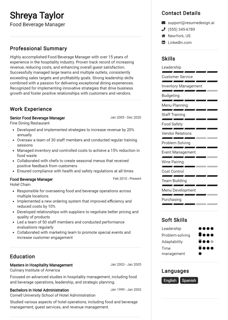 17 Food amp Beverage Manager Resume - Food Beverage Manager Resume Example 768x1078 