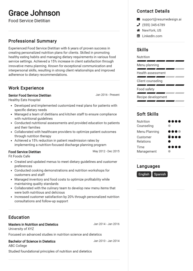12 Food Service Dietitian Resume Examples And Templates for 2025: Best Tips