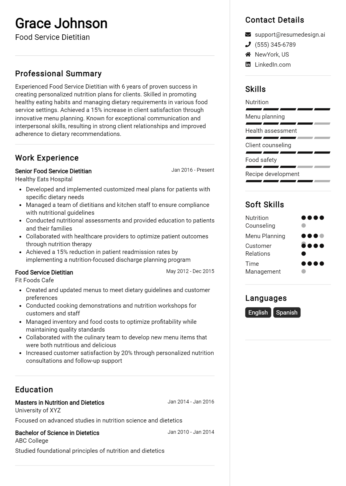 Food Service Dietitian Resume Example