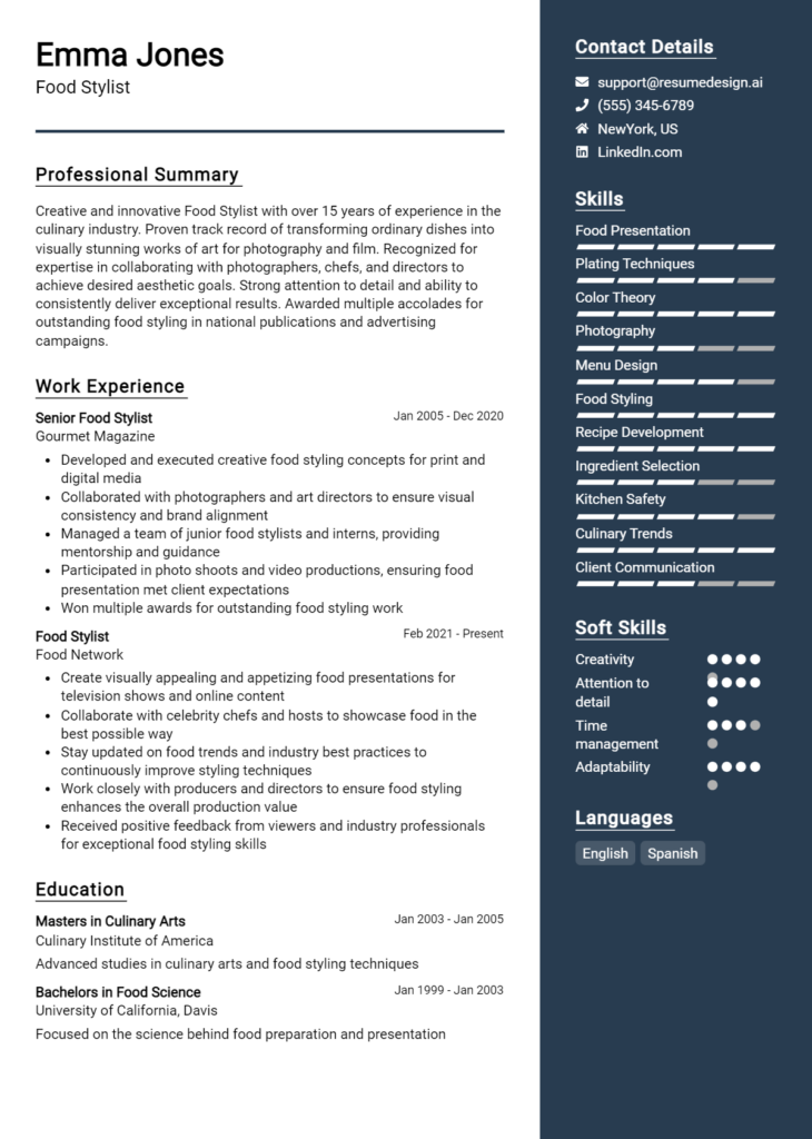 Food Stylist Resume Example