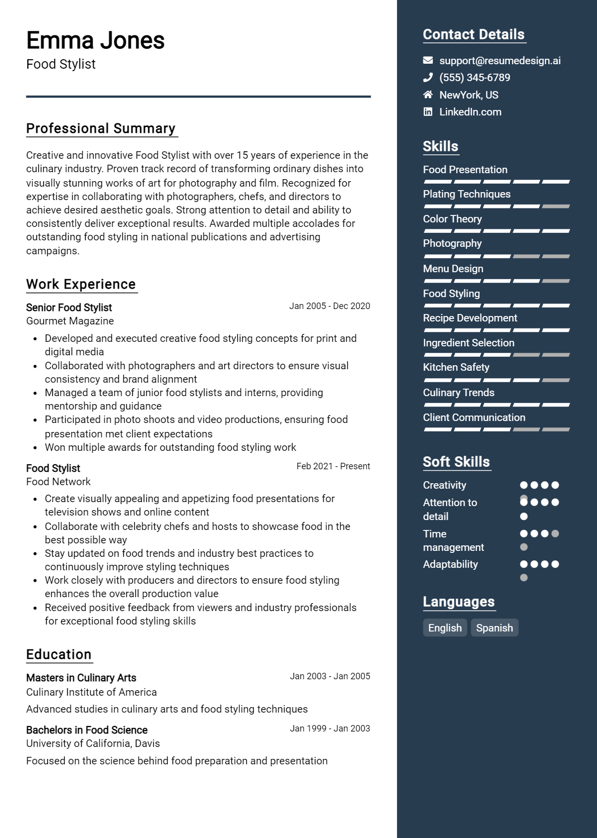 Food Stylist Resume Example