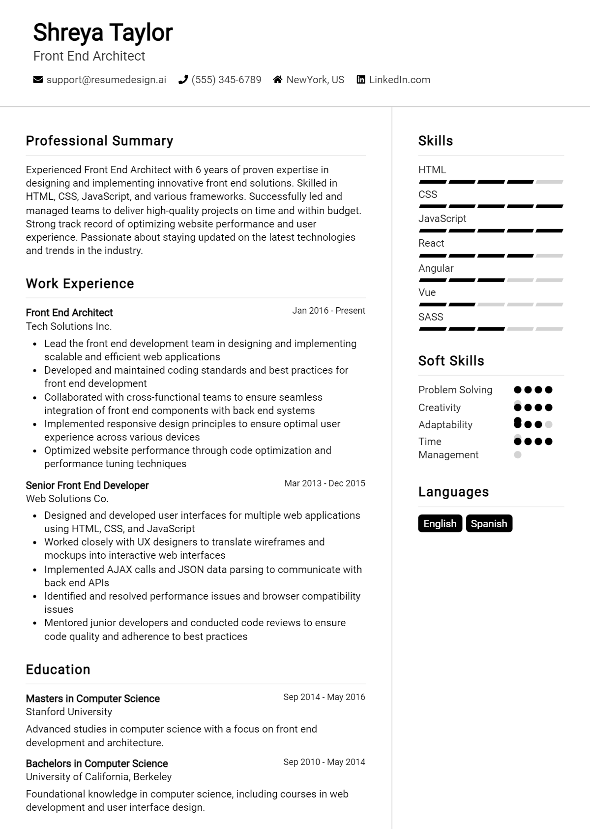 Front End Architect Resume Example