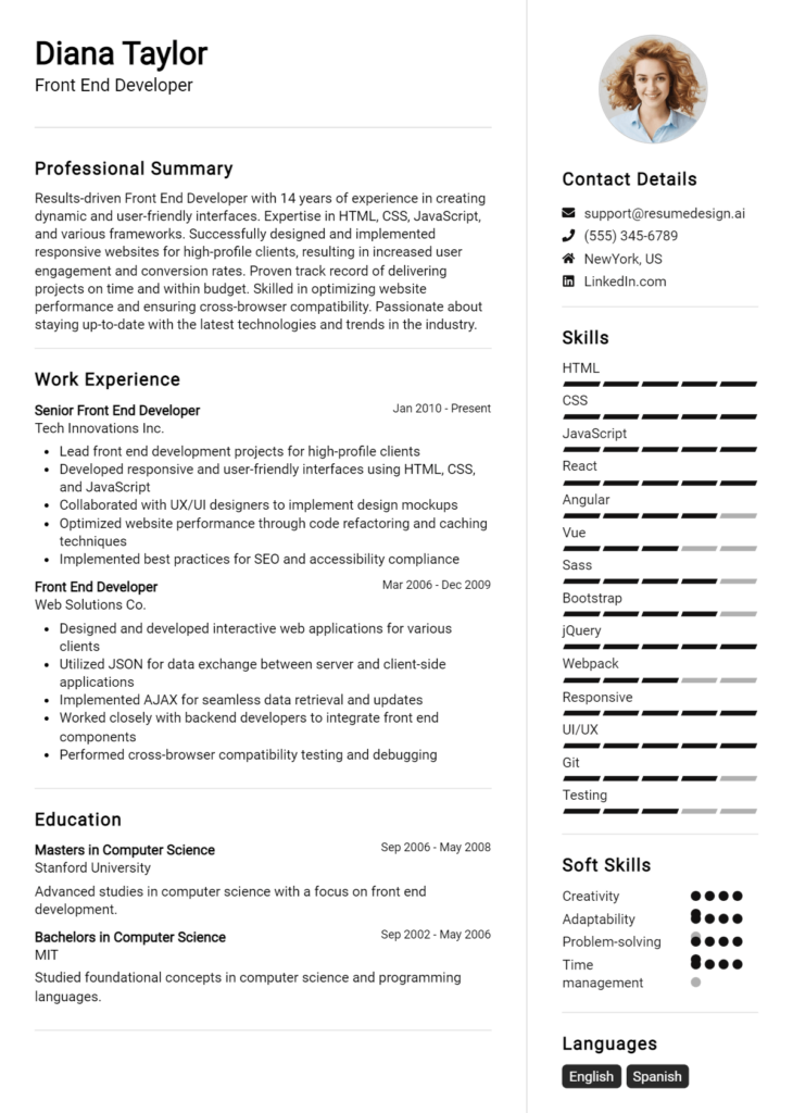 Front End Developer Resume Example