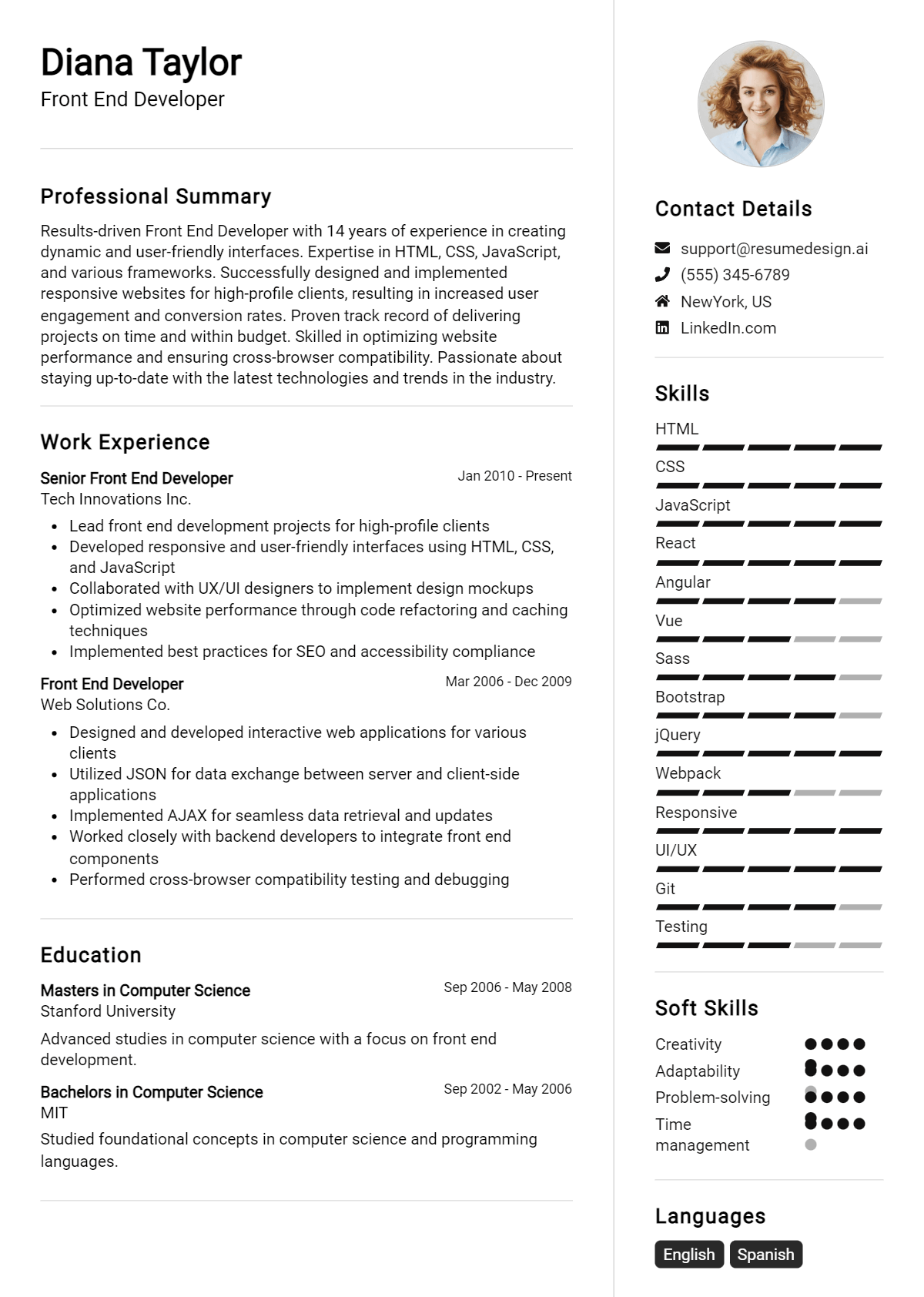 Front End Developer Resume Example