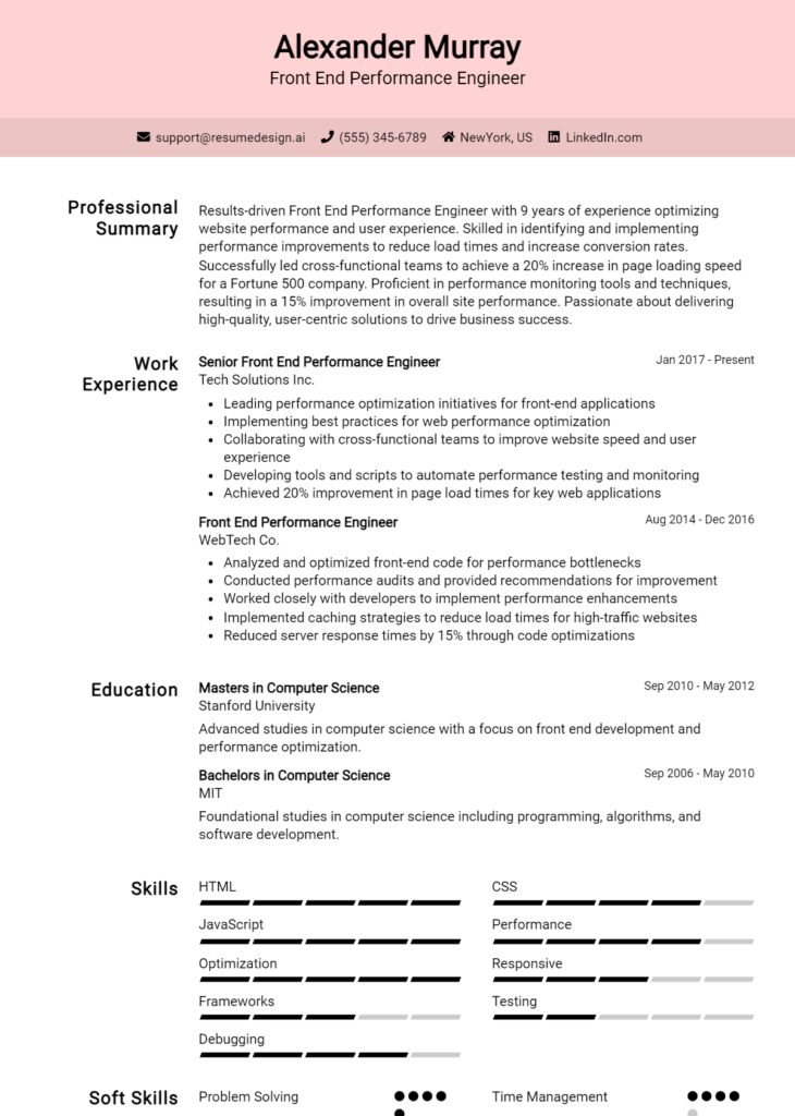 Front End Performance Engineer Resume Example