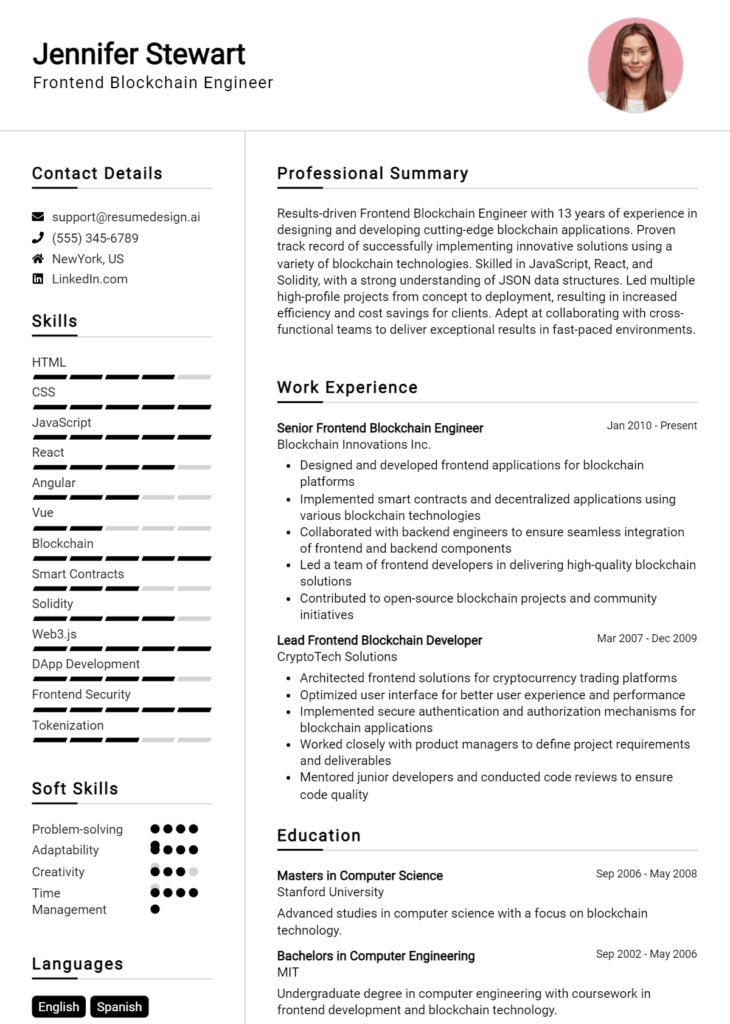 Frontend Blockchain Engineer Resume Example