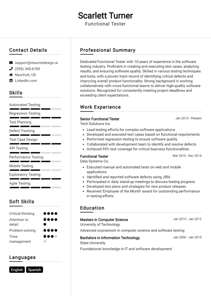 Functional Tester Resume Example