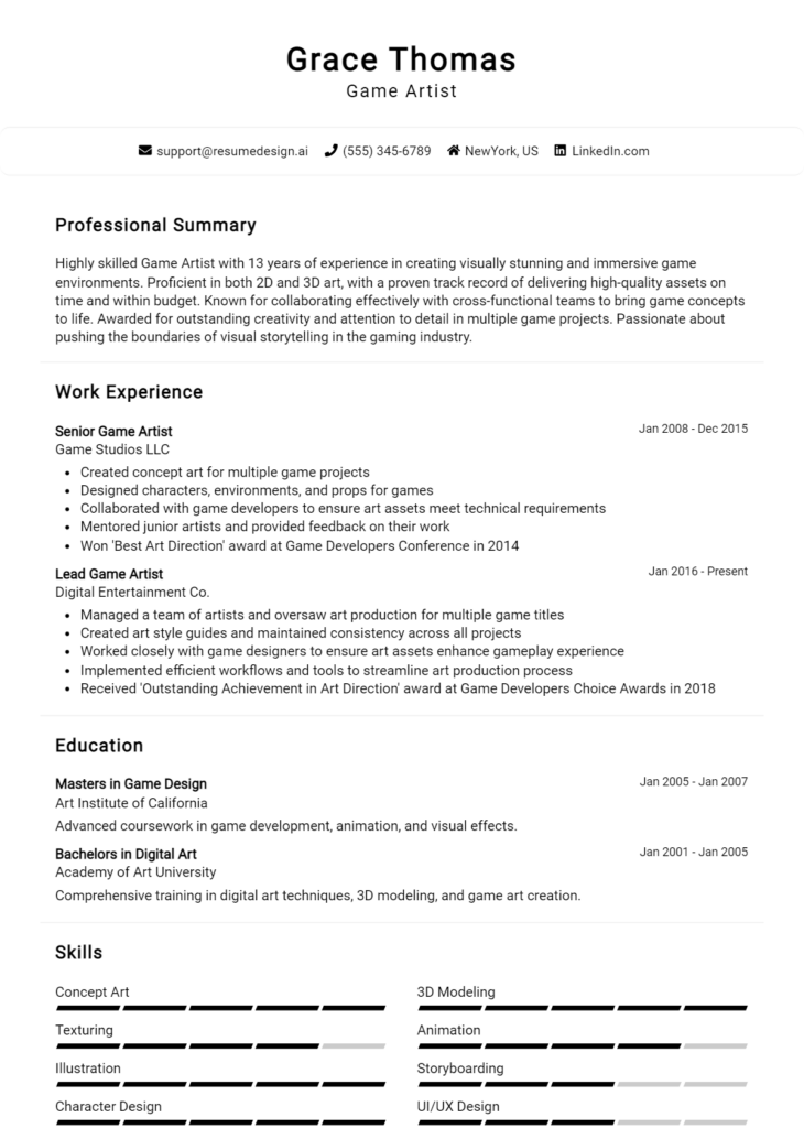 Game Artist Resume Example