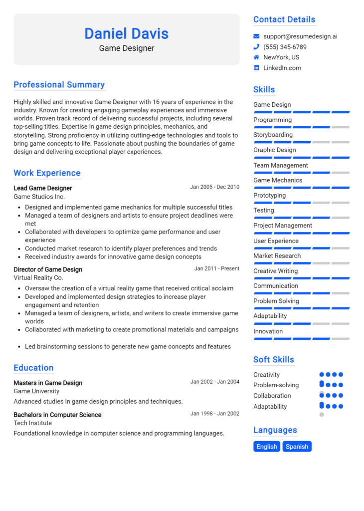 Game Designer Resume Example