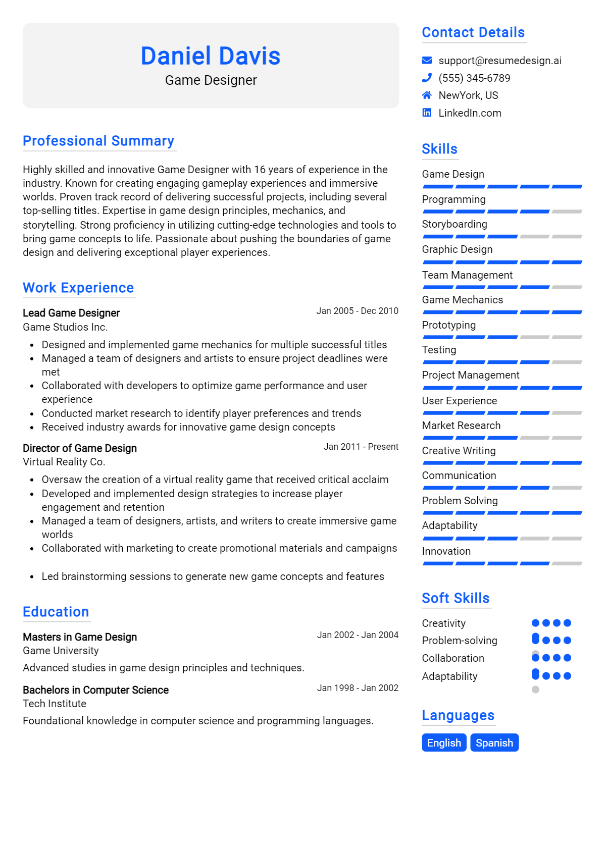 Game Designer Resume Example