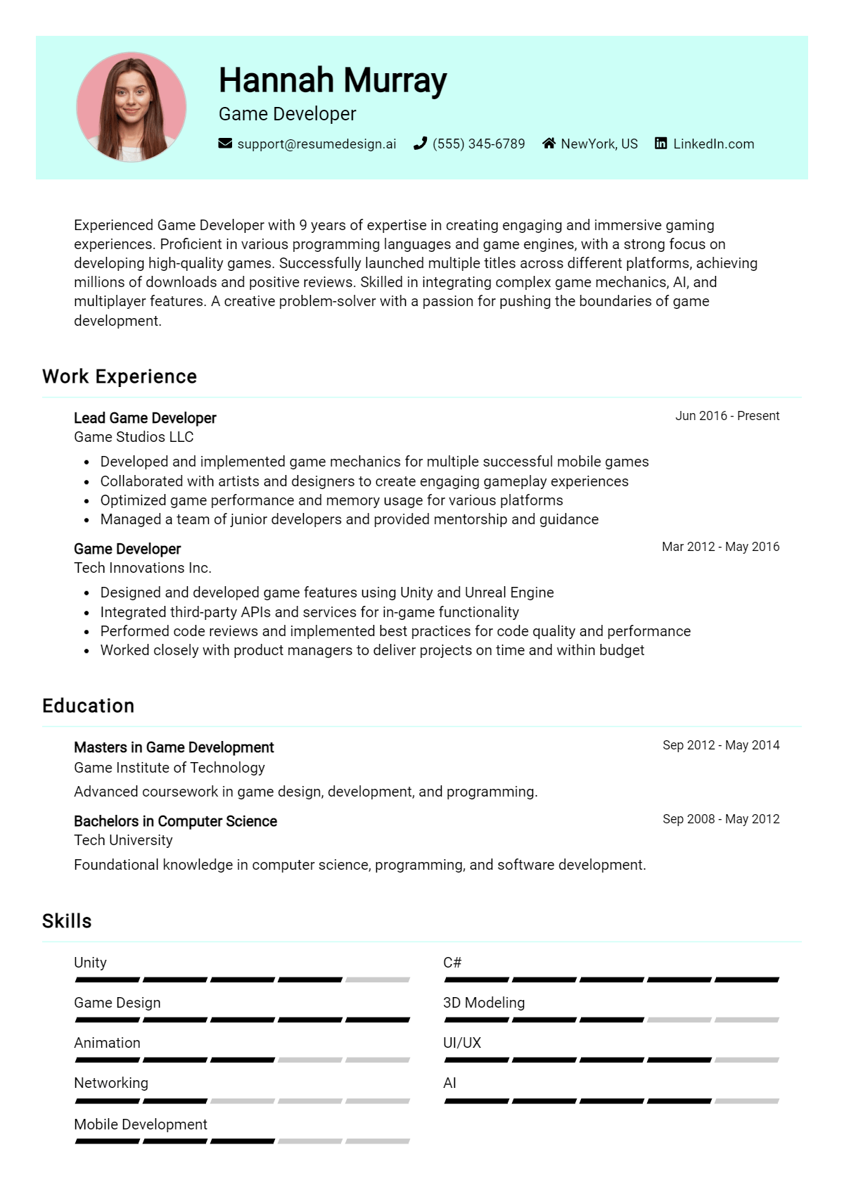 Game Developer Resume Example